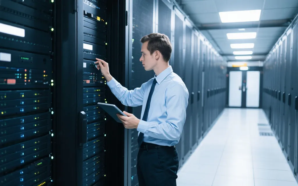 服务器机房，技术人员检查数据发布流程，环境安全有序